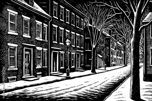 Philadelphia’s historic streets appear in a snowy pencil sketch with lined brick buildings, colonial style rooftops, and narrow winter alleyways filled with soft shading