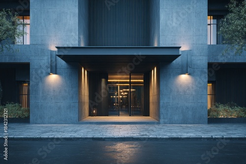 Modern building entrance with subtle evening illumination and reflection.