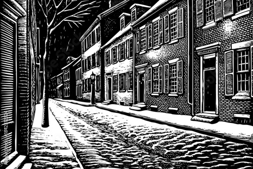Philadelphia’s historic streets appear in a snowy pencil sketch with lined brick buildings, colonial style rooftops, and narrow winter alleyways filled with soft shading