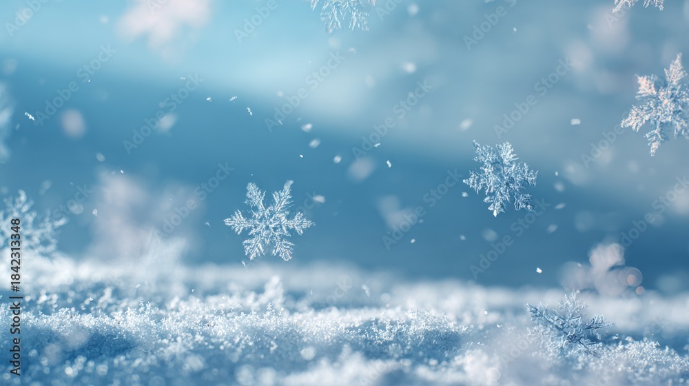 Naklejka premium Delicate snowflakes falling on a blue, snow-covered landscape, evoking winter's peaceful beauty and crisp atmosphere
