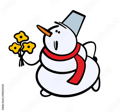 Romantic snowman with a carrot for a nose and a bucket on his head came on a date with a bouquet. Vector illustration of a fairy-tale character giving spring flowers to his beloved.