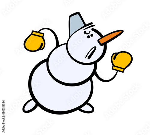 Funny aggressive snowman in a winter battle with a rival. Vector illustration of a fabulous character in boxing gloves fighting in the ring, defeating the enemy. Cartoon athlete.