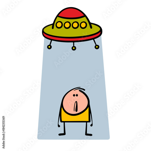 Flying saucer from outer space flew in and abducted a man from Earth. Vector illustration of a confused cartoon stickman and insidious aliens in the sky are shining from a UFO, attracting upward.