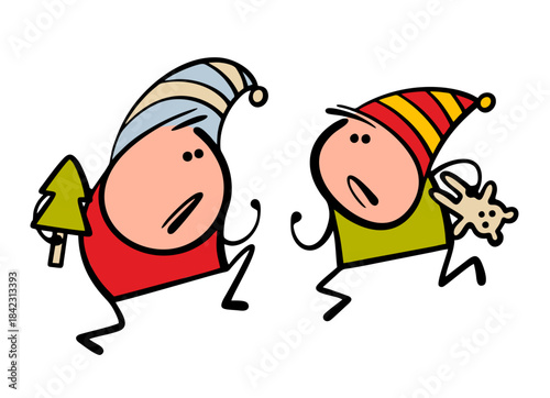 Ruined winter holiday, Christmas or New Year. Vector illustration of aggressive and dissatisfied children fighting over toys and gifts. An unpleasant situation with dwarves and elves in caps.