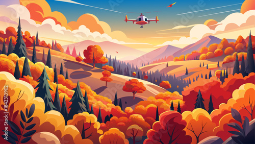 Very beautiful drone scene capturing Virginia’s autumn forests glowing with warm oranges and reds, showcasing rolling hills, peaceful valleys, and crisp seasonal textures ideal for fall-themed creativ