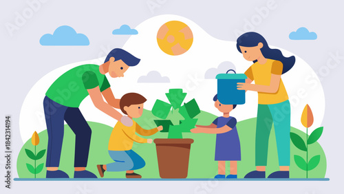 Family gardening together with children under the sun symbolizing teamwork, care for nature and sustainable lifestyle