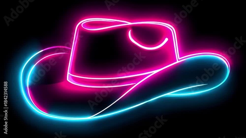 A vibrant neon cowboy hat outline with glowing colors against a dark backdrop, creating a captivating visual display