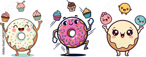 Happy Cartoon Donut Mascot Juggling Cupcakes and Sweets Vector Illustration - Dessert, Bakery, Party, and Food Fun Concept