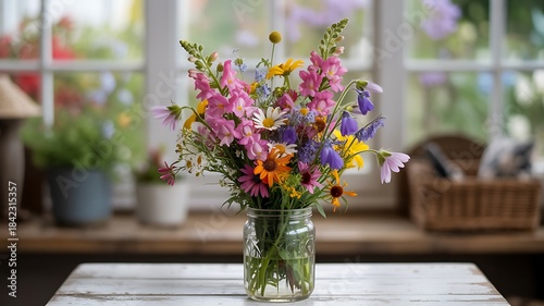 A vibrant bouquet of wildflowers in a mason jar on a whitewashed tabletop with a blurred window background