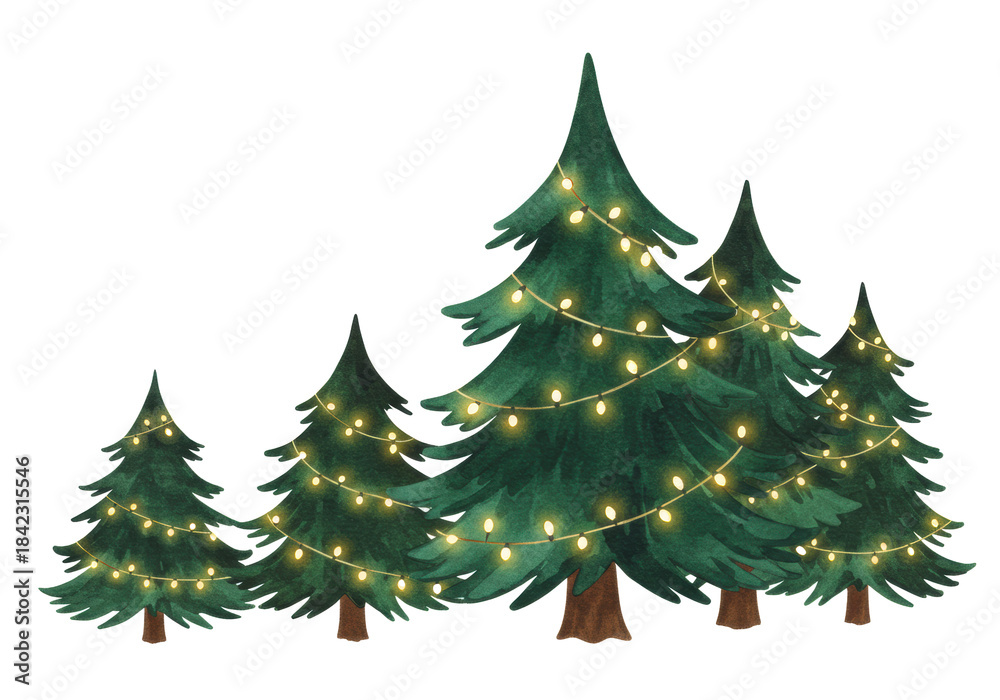 Obraz premium Stylized cluster of emerald green watercolor fir trees detailed with soft edges and hand-drawn ink, glowing with warm string lights, isolated on a bright white background with copy space. Festive