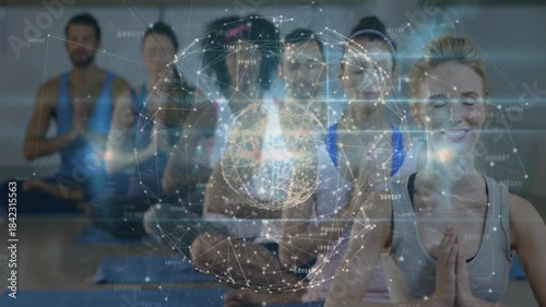 Yoga participants sitting on mats holding prayer while animated globe appearing guiding meditation