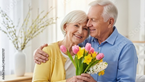 Happy senior caucasian man embracing and giving a bouquet of flowers to a smiling woman. Love, anniversary, birthday, Valentines Day concept.