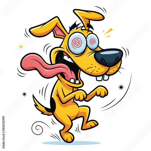 A funny yellow cartoon dog with crazy spiral eyes, a long tongue, and buck teeth, appearing dazed and silly.