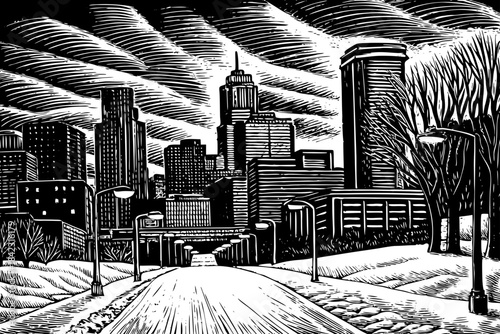 Minneapolis is illustrated with snowy skyscrapers, icy bridges, frozen streets, and high contrast pencil lines depicting the city’s famously cold winter season.