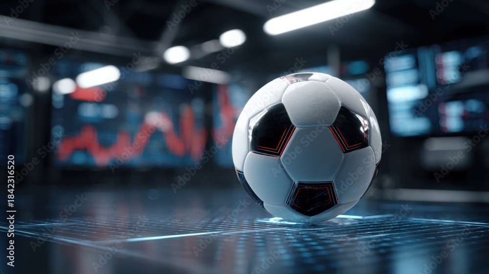 Naklejka premium Soccer ball on futuristic sports analysis screen, highlighting data and technology in sports broadcasting