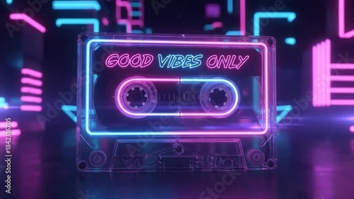 A retro cassette tape glows with neon lights, playing good vibes only in a vibrant scene.