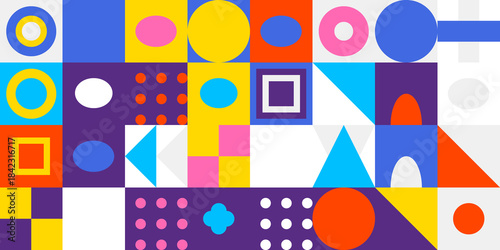 Brightly colored geometric abstract pattern design with various shapes, squares, circles, and triangles creating a playful mosaic background