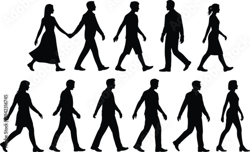 Silhouettes of diverse people walking in various poses and outfits, perfect for fashion, movement, lifestyle, and behavioral studies illustrations