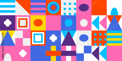 Vibrant playful geometric pattern of colorful shapes on a grid background, abstract modern design illustration graphic art