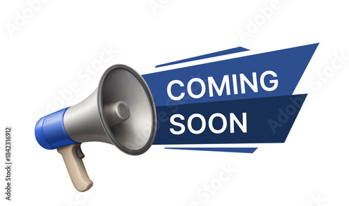 Megaphone banner with text Coming soon, representing announcement and promotion concept for online marketing, events, and digital communication. Vector illustration.