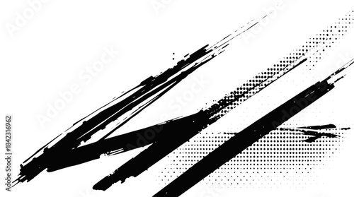 Abstract black brush strokes and halftone dots on a white background.