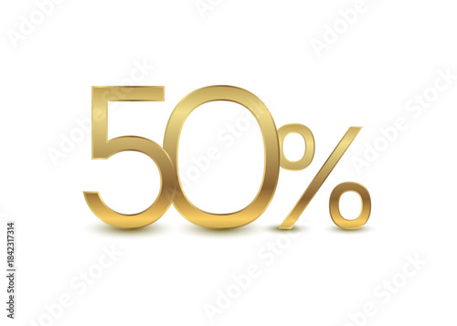 Golden 3D number 50 percent on white background. Modern poster template for sale, discount, work progress, business, and marketing promotion. Vector illustration.