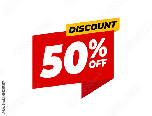 Discount 50 percent off banner in red and yellow color scheme on white background. Modern sale label design for marketing, promotion, online shop, and advertising campaign. Vector illustration.