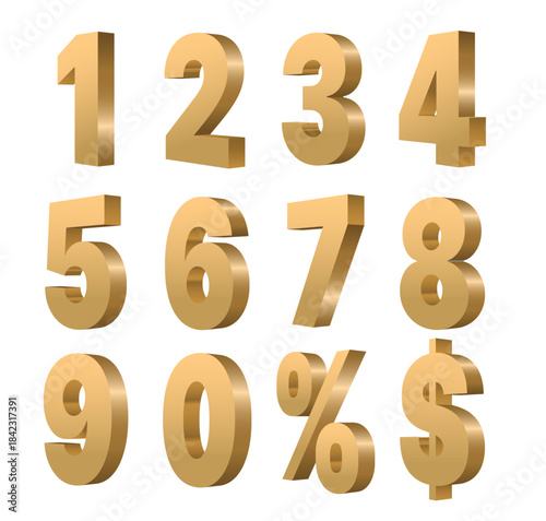 golden 3D numbers isolated on white background. Shiny metallic number symbols for luxury design, business, finance, and decorative use. Vector illustration.