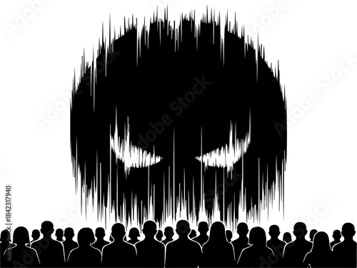 A shadowy, monstrous figure looms over a crowd of silhouetted people.