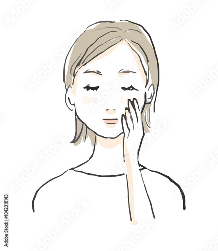 頬に片手をあてる女性のイラスト　マッサージ、洗顔、美容