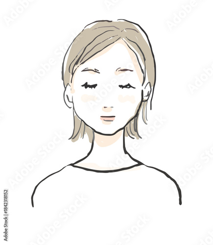 目をつぶる女性のイラスト　洗顔、美容、マッサージ