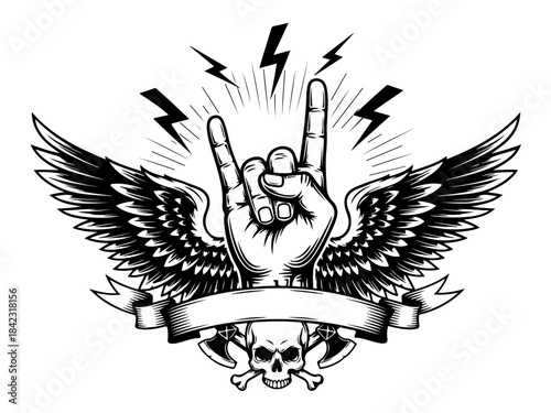 A black and white illustration of a hand making the rock-on gesture, surrounded by wings, lightning bolts, a skull, and crossed axes, with a banner for text.