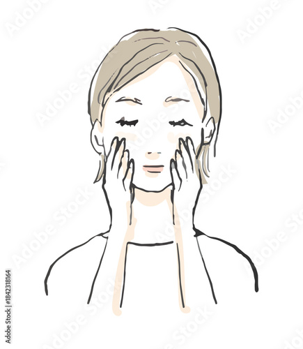 頬に手をあてる女性のイラスト　マッサージ、洗顔、美容