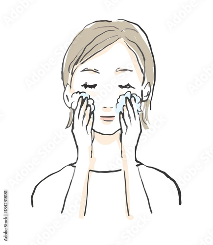 洗顔をする女性のイラスト　洗顔、美容、マッサージ