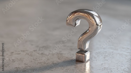 Close-up of a metallic question mark on a concrete surface. the question mark is made of a shiny, metallic material and has a curved shape with a pointed tip.