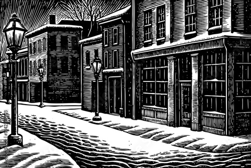 Portland’s old town appears as a snowy sketch with timber buildings, icy streets, soft pencil textures, and a calm urban winter atmosphere