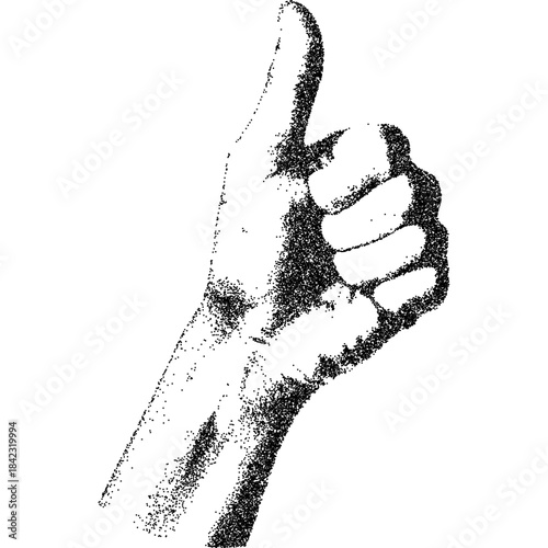 Distressed stipple thumb, black grain texture of a like sign. Grunge photocopy noise effect on white background, vector illustration