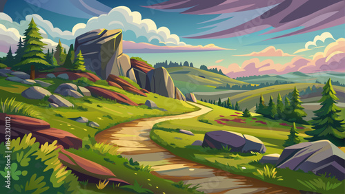 Very beautiful winding trail through Dolly Sods with soft meadows, unique rock formations, and open wilderness views, creating a calm and atmospheric landscape ideal for outdoor and nature-focused vis