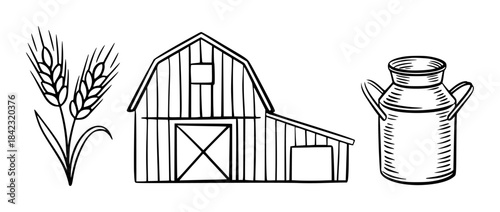 Black and white line of wheat bundle barn and milk churn isolated