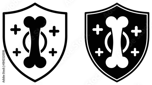 Black and White Shield Emblem with Stylized Bone and Plus Signs Isolated