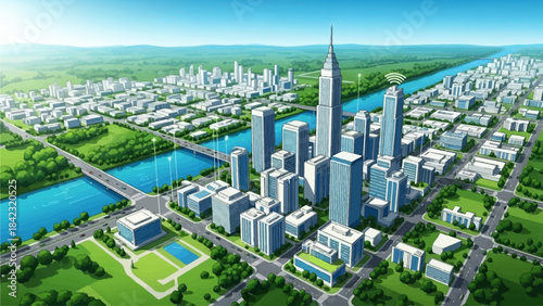 Aerial view of a modern, planned city with skyscrapers, green parks, a river, and extensive urban development.