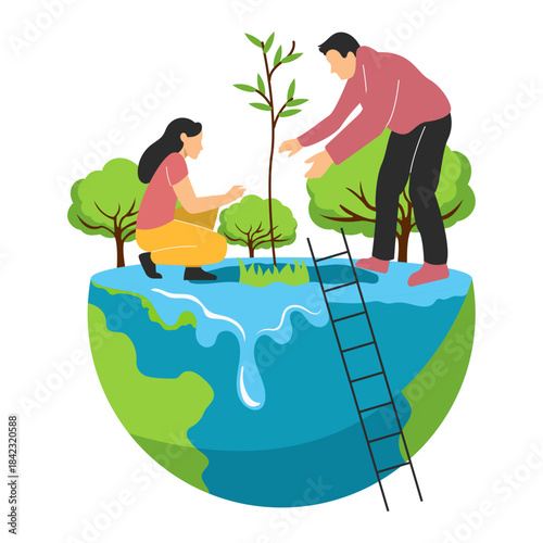 People planting a tree on a half-earth globe, symbolizing environmental care, sustainability, and a greener future for the planet