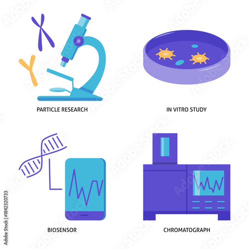 Laboratory analysis and diagnostics flat icon set