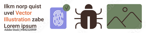 Cybersecurity, data privacy, malware detection, identity verification, digitalization, online safety. A fingerprint icon, a bug malware and a mountain image data. Cybersecurity and data privacy