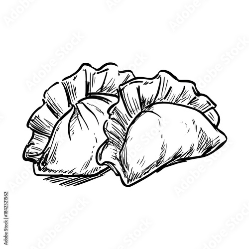 Ink sketch of dumplings symbolizing wealth reunion and festive feasting.