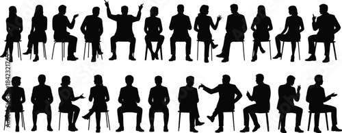Silhouettes of seated individuals in diverse postures, black illustration representing body language, discussion, and presentation dynamics