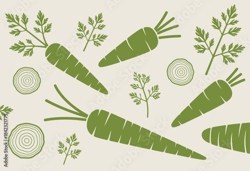 Green carrots and cross sections with fern leaves on light background crosssections