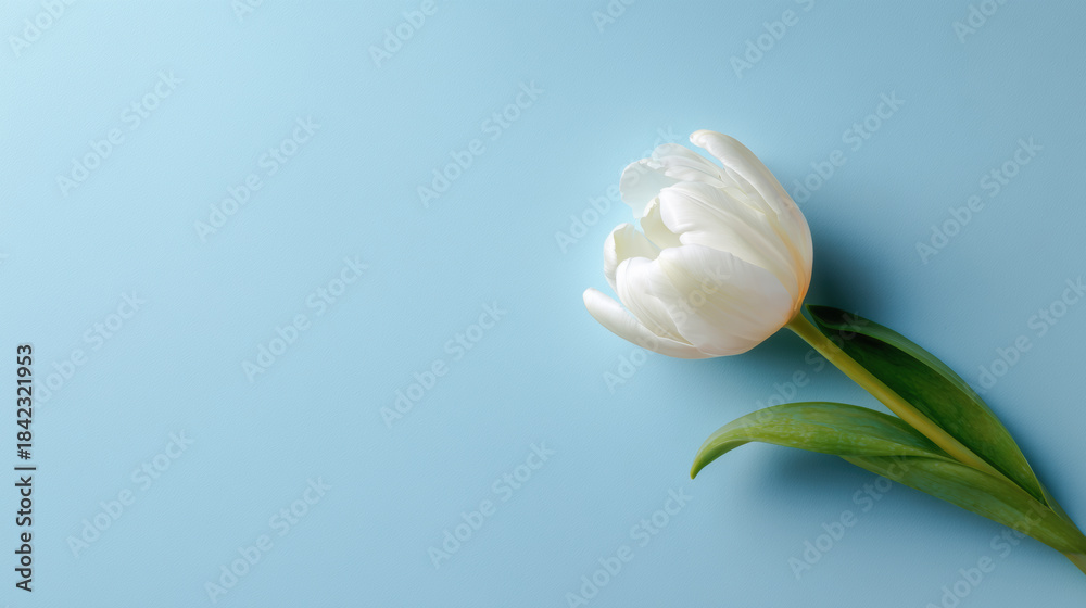 Fototapeta premium White tulip flower with green stem on light blue background, half-bloomed petal texture creates fresh elegant minimalist atmosphere.