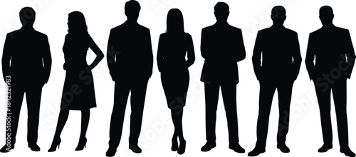 Silhouettes of seven business professionals standing side by side in formal attire, representing teamwork, diversity, and corporate professionalism