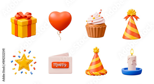 Collection of isolated 3D rendered birthday party objects including a yellow gift box with red ribbon, an orange heart balloon, a vanilla cupcake with frosting and straw, striped party hats, a golden